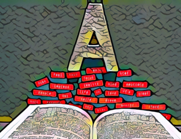 A black keyboard at the bottom of the picture has an open book on it, with red words in labels floating on top, with a letter A balanced on top of them. The perspective makes the composition form a kind of triangle from the keyboard to the capital A. The AI filter makes it look like a messy, with a kind of cartoon style.