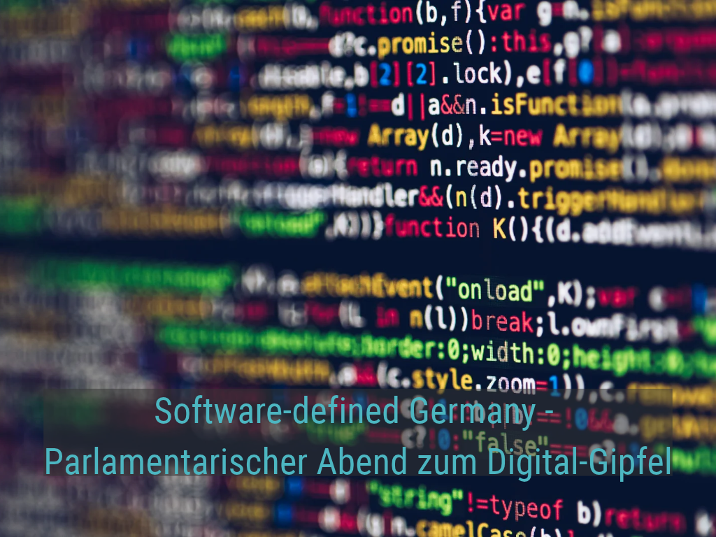 Programmiercode und Titel der Veranstaltung "software-defined Germany" - Canva