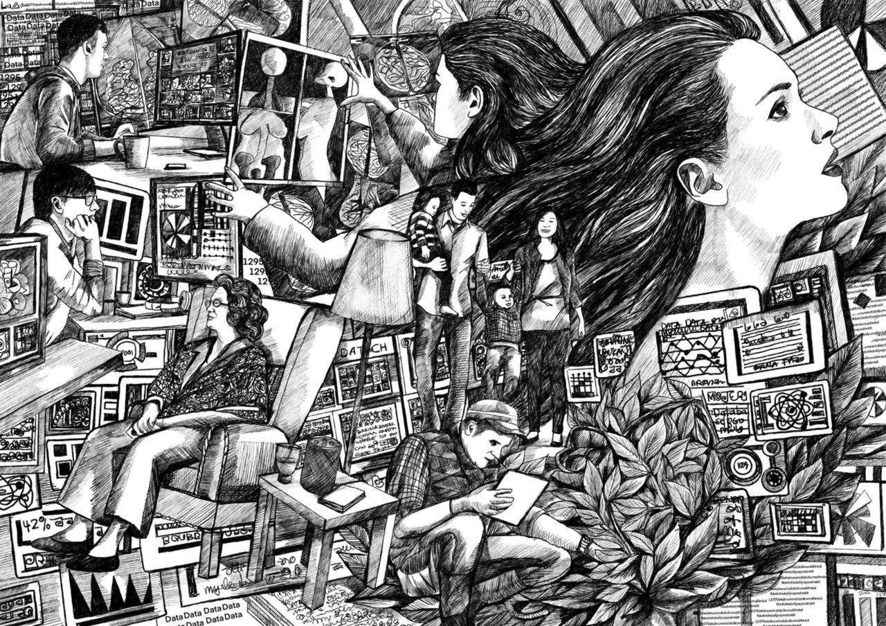 The image is a very detailed, black-and-white sketch-like illustration featuring a complex scene of interconnected figures and technology. The artwork portrays various individuals in different environments to represent the relationship between technology and humans. In the foreground, multiple people are surrounded by computer screens filled with data visualisations, charts, and technical information. A woman seated in an armchair appears deep in thought, surrounded by data-filled monitors. Beside her, a man leans over, using a tablet to assist with their inspection of a plant or tree. In the centre, a figure holds a large frame or screen displaying anatomical illustrations, representing the use of AI to analyse medical imagery. To the left, another person is intently observing a computer screen, while a second figure nearby is deeply immersed in analysing data. A woman dominates the right side of the composition, gazing upwards as if in contemplation or envisioning something beyond the immediate scene. The background features more people, including a family holding hands, and other abstract representations of data.