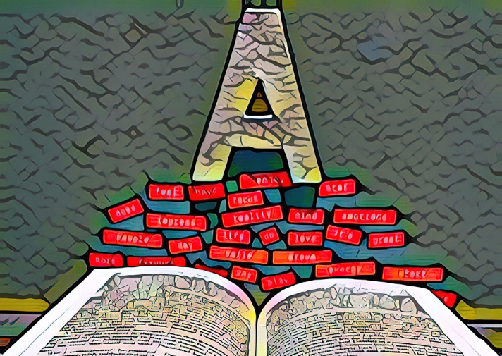 A black keyboard at the bottom of the picture has an open book on it, with red words in labels floating on top, with a letter A balanced on top of them. The perspective makes the composition form a kind of triangle from the keyboard to the capital A. The AI filter makes it look like a messy, with a kind of cartoon style.