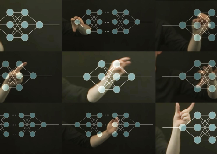 Nine small images with schematic representations of differently shaped neural networks, a human hand making a different gesture is placed behind each network.