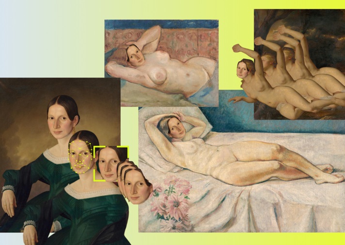 The collage shows 4 archival images of women. In these of the images, the women are nude. There is also one portrait of a woman with yellow shapes and bounding boxes on her face. 