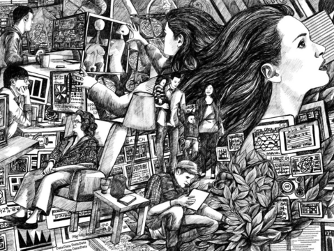 The image is a very detailed, black-and-white sketch-like illustration featuring a complex scene of interconnected figures and technology. The artwork portrays various individuals in different environments to represent the relationship between technology and humans.   In the foreground, multiple people are surrounded by computer screens filled with data visualisations, charts, and technical information. A woman seated in an armchair appears deep in thought, surrounded by data-filled monitors. Beside her, a man leans over, using a tablet to assist with their inspection of a plant or tree. In the centre, a figure holds a large frame or screen displaying anatomical illustrations, representing the use of AI to analyse medical imagery. To the left, another person is intently observing a computer screen, while a second figure nearby is deeply immersed in analysing data. A woman dominates the right side of the composition, gazing upwards as if in contemplation or envisioning something beyond the immediate scene. The background features more people, including a family holding hands, and other abstract representations of data.