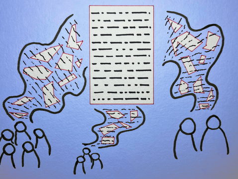 Three groups of icons representing people have shapes travelling between them and a page in the middle of the image. The page is a simple rectangle with straight lines representing data. The shapes traveling towards the page are irregular and in squiggly bands.