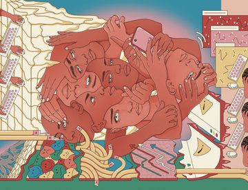 A brightly coloured illustration which can be viewed in any direction. It has several scenes within it: people in front of computers seeming stressed, a number of faces overlaid over each other, squashed emojis and other motifs.