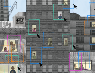 Building blocks are overlayed with digital squares that highlight people living their day-to-day lives through windows. Some of the squares are accompanied by cursors.