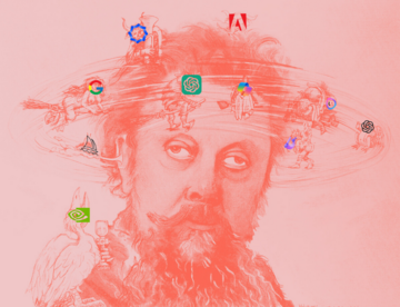 A red-toned illustration shows a man's head surrounded by swirling AI icons, with small, mischievous witch-like figures flying around him. The man's expression appears disoriented and fatigued, symbolizing the mental overload caused by the overwhelming flood of AI tools and news. The witches represent the chaotic, cackling nature of rapid AI developments, adding to the sense of dizziness and confusion.