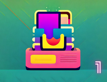 Abstract image of a pink container on a green background out of which brightly colored forms (purple, yellow, red, turquoise) ascend. 